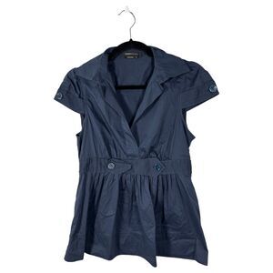 BCBG Max Azria Navy Blue Babydoll Bow Front Cap Sleeve Blouse Size Small